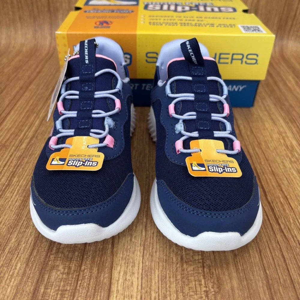 Skechers Bounder Simple Cute Kids Size 11 Navy Blue Pink Slip-ins 303585L NEW